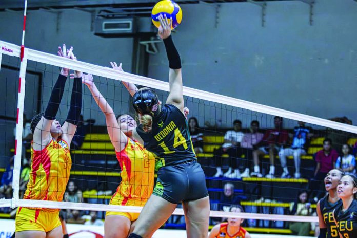 Negrense Kiesha Bedonia of the Far Eastern University Lady Tamaraws rises for an attack against the San Sebastian College Lady Stags. V-LEAGUE PHOTO