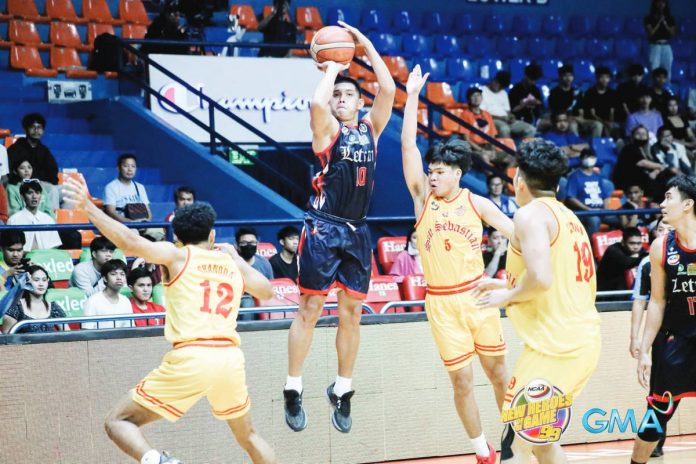 Colegio de San Juan de Letran Knights’ Vince Cuajao pulls up for a three-pointer. PHOTO COURTESY OF NCAA/GMA SPORTS