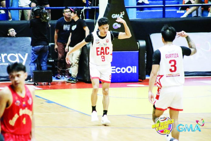 Emilio Aguinaldo College Generals’ Ralph Robin gestures after scoring a three-pointer against San Sebastian College Golden Stags. PHOTO BY NCAA/GMA SPORTS