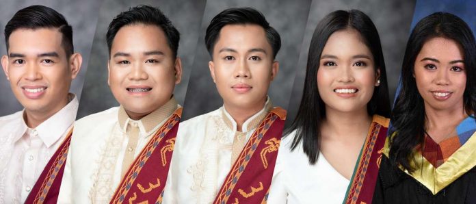 (From left) Allen Patrick R. Araneta, Reyland A. Alegroso, Carl Bryle M. Rosal, Hanna Raiza M. Grantoza, and Jhereza Rhean A. Magarso emerged as topnotchers in the October 2023 Licensure Examination for Fisheries Professionals.