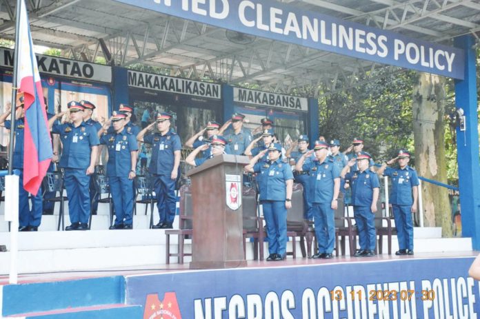 The Negros Occidental Police Provincial Office (NOCCPO) will have one day off per week this December to maximize deployment for the holidays. Photo shows NOCPPO personnel during a flag raising ceremony at Camp Alfredo M Montelibano Sr. in Bacolod City. NEGROS OCCIDENTAL PNP