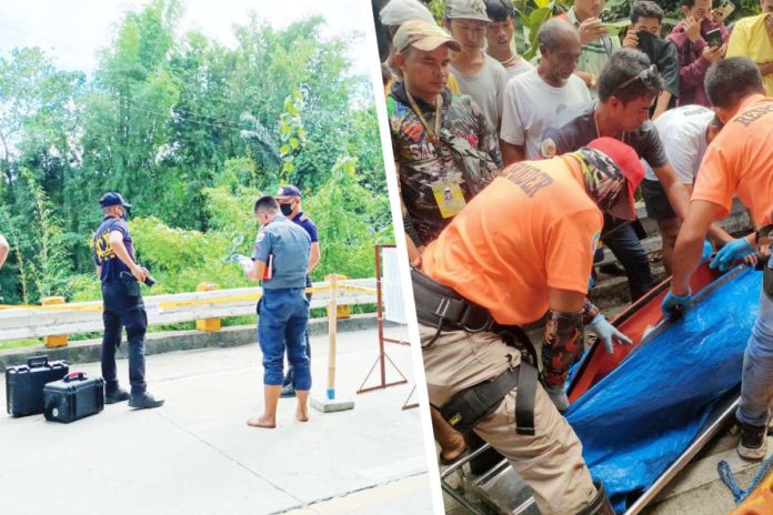 Police officers scour the road in Lambunao, Iloilo, near the ravine where the lifeless body of Antonio Artiaga was discovered. Fresh bloodstains and spent bullet shells were found. AJ PALCULLO/PN