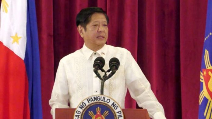 President Ferdinand Marcos Jr. delivers his speech during an arrival ceremony at Villamor Air Base in Pasay City. The President arrived on Monday, Nov. 20, 2023 from his weeklong trip from the United States. INQUIRER.NET/RYAN LEAGOGO