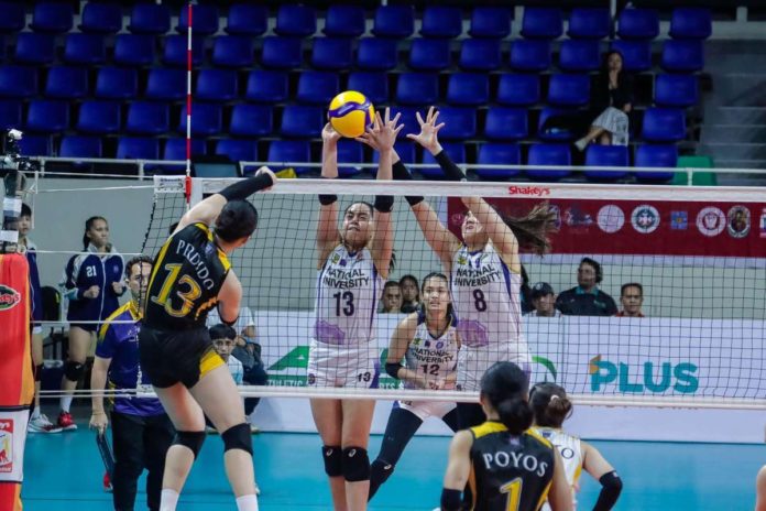 Guimarasnon Camille Lamina and Sheena Toring of National University Lady Bulldogs blocks the attack of University of Santo Tomas Golden Tigresses’ Jonna Perdido. PHOTO COURTESY OF SSL