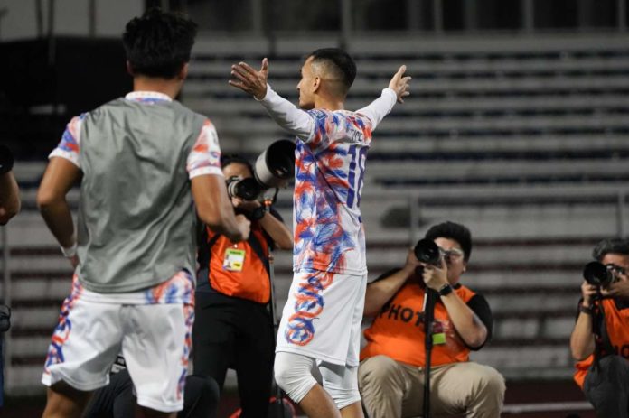 Philippine Azkals’ Patrick Reichelt celebrates after scoring a goal against Indonesia. PHOTO COURTESY OF PFF