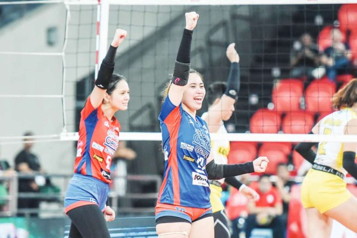 Quezon City Gerflor Defenders players in action during their PVL All-Filipino Conference game against F2 Logistics Cargo Movers on Thursday. PVL PHOTO