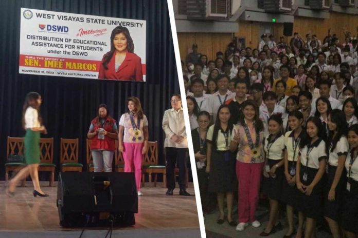 Sen. Imee Marcos leads the distribution of cash assistance to 2,000 students of West Visayas State University at the university’s main campus in La Paz, Iloilo City on Friday, Nov. 10. MARY JOY CAVAÑAS/PN