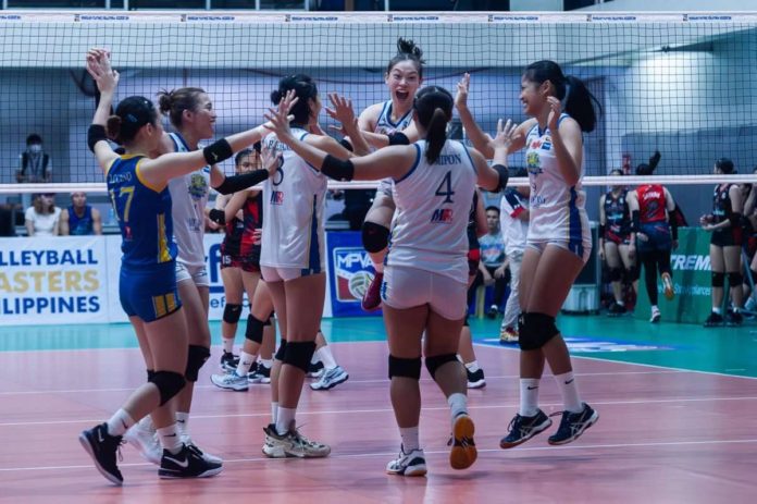 Jhasmine Sapin (jumping) and Bacoor City Strikers Metro Land Builders Corp. are one win closer from securing the MPVA crown. PHOTO COURTESY OF MPVA