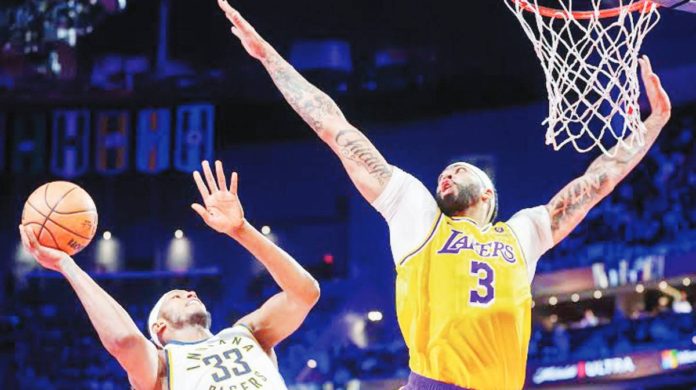 Los Angeles Lakers’ Anthony Davis looks to block the shot of Indiana Pacers' Myles Turner. AP