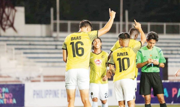 Mikel Justin Baas gestures after delivering the Copa Paulino Alcantara championship-clinching penalty for Kaya Futbol Club-Iloilo against Davao Aguilas-UMAK FC. PHOTO COURTESY OF KAYA-ILOILO