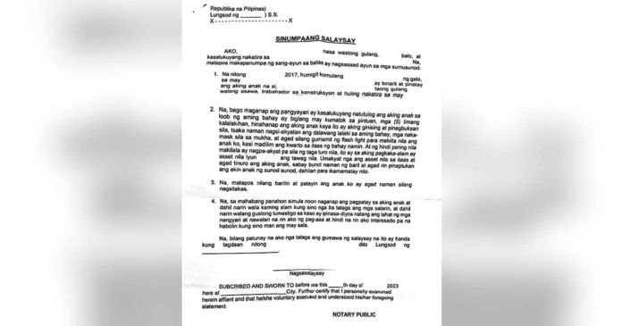 An affidavit allegedly prepared by police for families of drug war victims intending to pursue cases against them. PHOTO BY THE PHILIPPINE DAILY INQUIRER