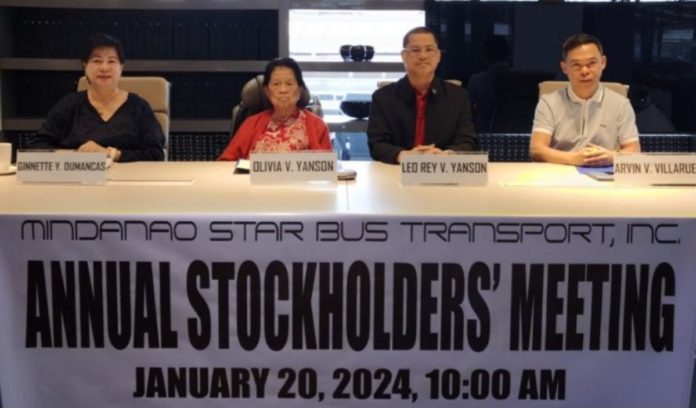 Stockholders Meeting. Shown during the January 20, 2024 annual stockholders' meeting of Mindanao Star Bus Transit Inc. (MSBTI) are the re-elected company officers and directors (from left) Ginnette Yanson Dumancas, Olivia V. Yanson, Leo Rey Yanson and Arvin John Villaruel.