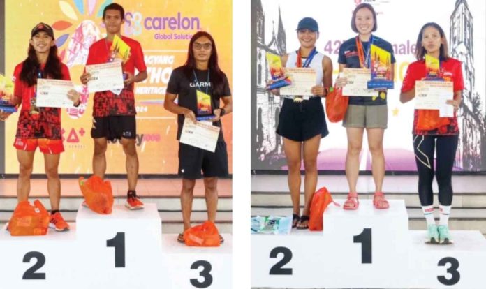 Winners of the 42-kilometer run for male (left) and female (right) categories during the Iloilo Dinagyang Marathon 2024 Heritage Run on Jan. 21.