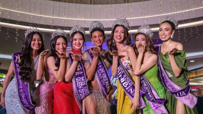 (From left) Ambassadresses of Heartfelt Beauty Pearl Angel R. Franco and Hamda A. Judicpa; Queen of Dinagyang 2024 Angel Jed Z. Latorre, Miss Iloilo 2024 Alexie Mae Caimoso Brooks (Miss Universe Philippines - Iloilo City), Miss Binibini Nicklyn T. Jutay, The Miss Philippines – Iloilo City Raniella Louise A. Aguila, and Miss Iloilo Paraw Regatta Shaima R. Al Yansuri. JAM JAM BARONDA FB PHOTO