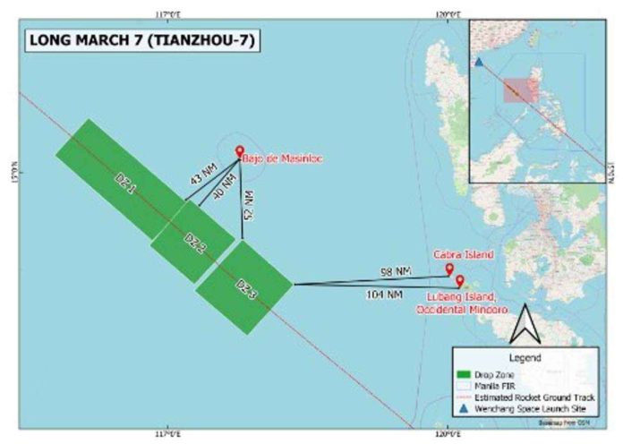 The Philippine Space Agency warns that debris from a Chinese rocket may fall in some areas in the West Philippine Sea. Photo from PhilSA