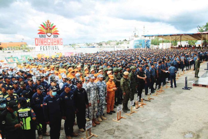 Police, military, firefighters, and other force multipliers are deployed to secure venues for the various events of the Dinagyang Festival 2024 set to highlight on Jan. 27 and 28. A sendoff ceremony was held at the Iloilo Freedom Grandstand on Thursday, Jan. 25. AJ PALCULLO/PN