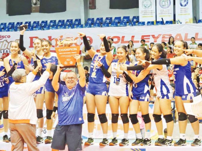 Bacolod Tay Tung High School Thunderbolts celebrate their Rebisco Volleyball League National Finals championship. PHOTO COURTESY OF JOSE MONTALBO