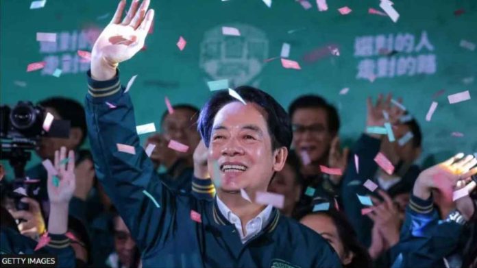 Confetti flies over the stage and crowd as Taiwan’s Vice President and presidential-elect from the Democratic Progressive Party (DPP) Lai Ching-te speaks to supporters at a rally at the party's headquarters on Jan. 13, 2024, in Taipei. GETTY IMAGES