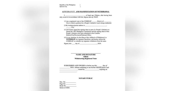 A copy of an “affidavit and manifestation of withdrawal” for Filipinos who wish to retract their signatures from the people’s initiative to amend the 1987 Constitution distributed by Bayan Muna party-list group. This screen shot from Bayan Muna was taken on Jan. 28, 2024.