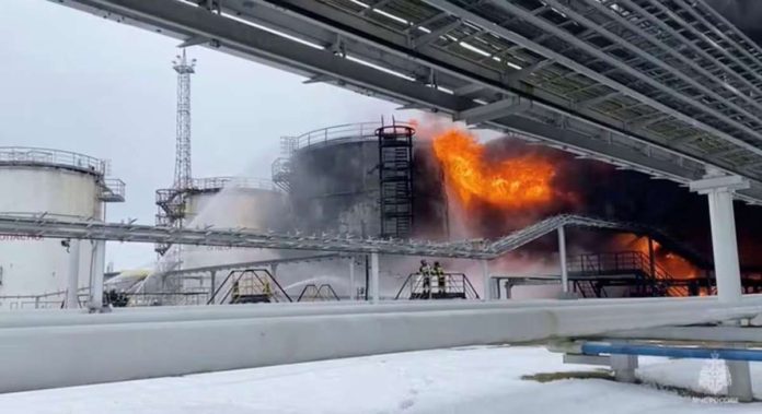 Firefighters extinguish oil tanks at a storage facility that local authorities say caught fire after the military brought down a Ukrainian drone, in the town of Klintsy, Bryansk Region in Russia on Jan. 19, 2024, in this still image taken from video. The Department of Energy said the uptrend in fuel pump prices in the Philippines could be attributed to the drone attack. RUSSIAN EMERGENCIES MINISTRY/HANDOUT VIA REUTERS/FILE PHOTO