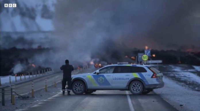 A road was swamped with lava in the most recent eruption in Iceland. REUTERS