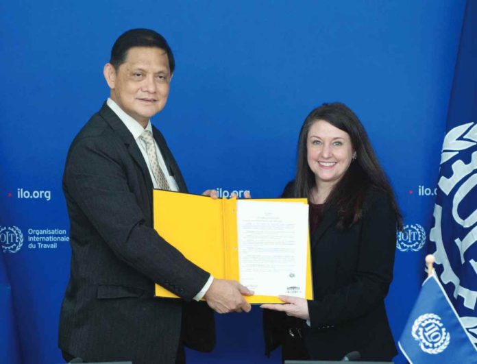 The International Labor Organization (ILO) welcomes the ratification of Convention 190 by the Philippines. This ratification marks an important step to preventing and eliminating violence and harassment in the workplace. Photo shows (from left) Labor and Employment Undersecretary Ernesto Bitonio and ILO Deputy Director-General Celeste Drake. ILO PHOTO