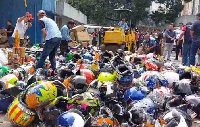 The Department of Trade and Industry destroys over 3,000 confiscated products worth P1.7 million which include helmets, sanitary wares, fireworks and firecrackers, monobloc chairs, and vapes. PHOTO COURTESY OF ABS-CBN NEWS