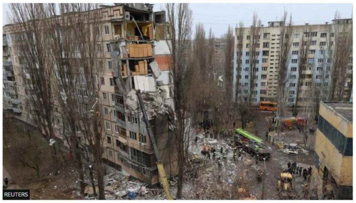 This is the site of a damaged residential building after an overnight attack in Odesa. Several residents of the damaged block of flats are still missing. EPA