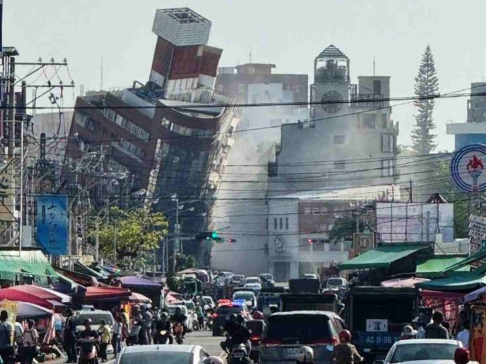 A building in Hualien City, Taiwan tilts on its side following a major earthquake on April 3, 2024. A 7.3-magnitude earthquake jolted the sea area near Hualien, according to the China Earthquake Networks Center. XINHUA PHOTO