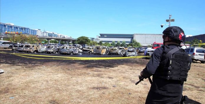 Nineteen vehicles catch fire at the open parking area of the Ninoy Aquino International Airport Terminal 3 in Pasay City on April 22. The Manila International Airport Authority reported that the blaze started past 1 p.m. and was declared out before 2 p.m. PNA