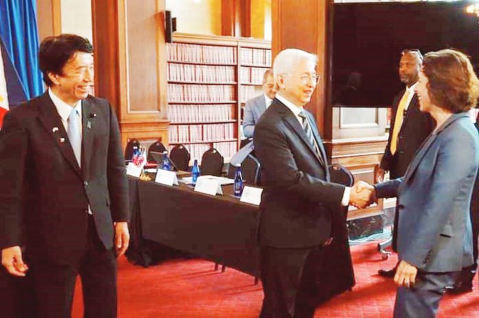 Trade Secretary Alfredo Pascual (center) proposes to his US and Japanese counterparts during the trilateral meeting in Washington DC, USA on April 11, 2024 to include the Philippines in the US-Japan critical minerals agreements. Also in the photo are Japanese Minister of Economy, Trade, and Industry Saito Ken (left) and US Department of Commerce Secretary Gina Raimondo (right). FRED PASCUAL/FACEBOOK PHOTO