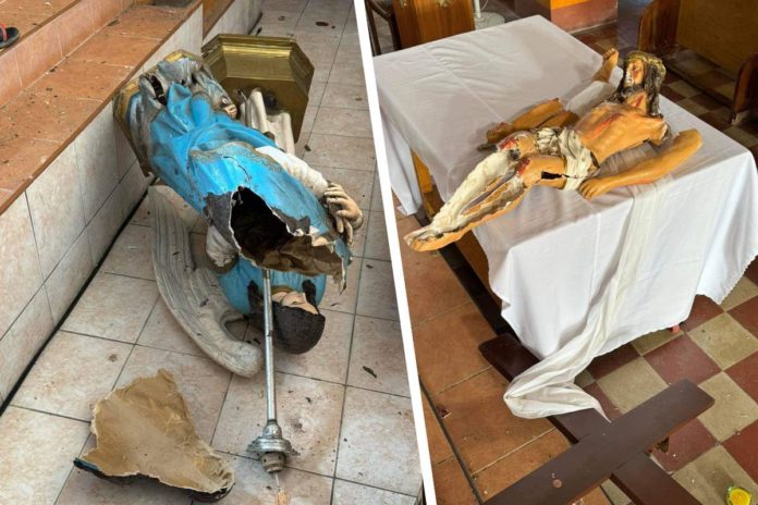 Religious figures and other church properties were deliberately destroyed by a suspect during a mass at the San Isidro Labrador Parish in Binalbagan, Negros Occidental early Wednesday morning, April 3. SAN ISIDRO PARISH BINALBAGAN