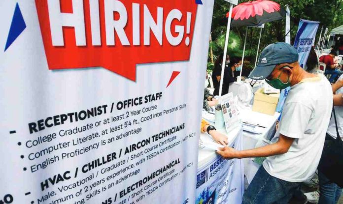 A total of 1.8 million Filipino workers had no work in February 2024 – the second lowest number since December last year when 1.6 million were jobless. Photo shows job hunters visiting a job fair in Manila. MARK DEMAYO/ABS-CBN NEWS PHOTO