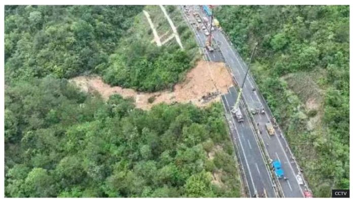 A collapsed highway on a mountainside in Guangzhou, China is seen in this drone footage. CCTV