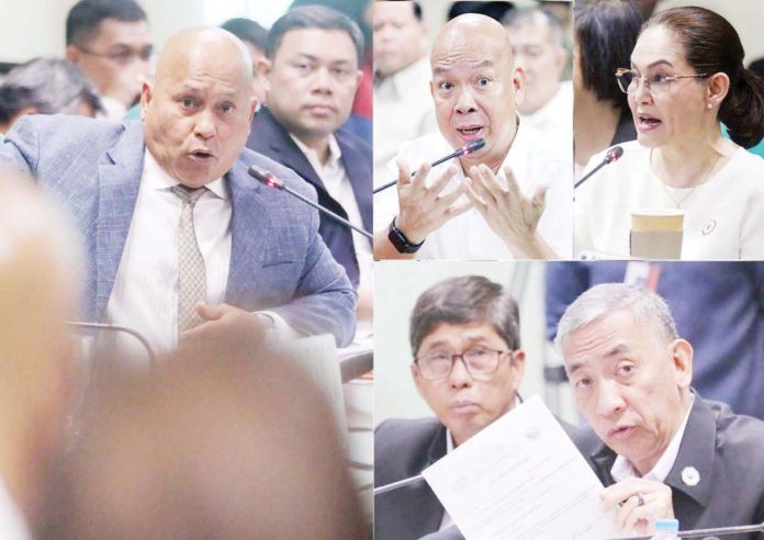 Sen. Ronald Dela Rosa (left photo), chairperson of the Senate Committee on Public Order and Dangerous Drugs, presides over a hearing and investigation on the so-called “PDEA leaks” at the Senate in Pasay City on May 7, 2024 with resource persons former Philippine Drug Enforcement Agency agent Jonathan Morales (center), actress Maricel Soriano (upper right), and (lower left photo) PDEA Director General Moro Virgilio Lazo (holding paper) and Director Martin Francia. PNA