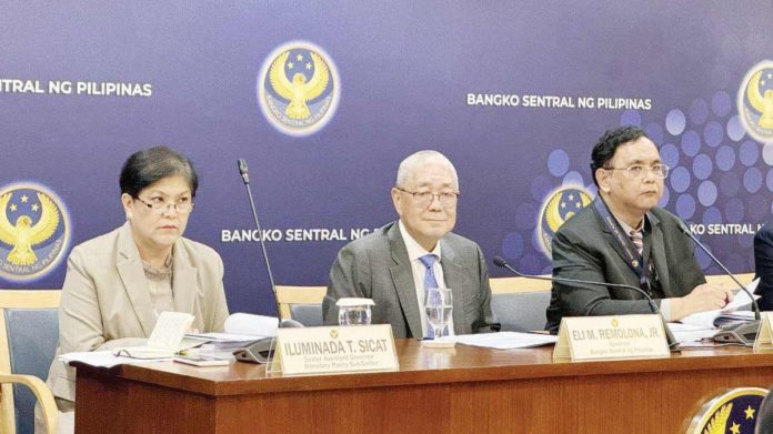 Bangko Sentral ng Pilipinas (BSP) Governor Eli Remolona Jr. (center) hinted at the possibility of cutting rates as early as August this year during a briefing on May 17. Also in photo are BSP Senior Assistant Governor Iluminada Sicat (left) and BSP Deputy Governor Francisco Dakila Jr. (right). JON VIKTOR CABUENAS/GMA INTEGRATED NEWS PHOTO