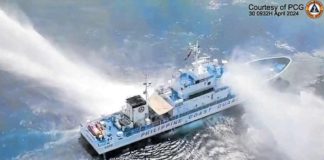 A frame grab from video footage released by the Philippine Coast Guard shows its ship, the BRP Bagacay, being hit by water cannon from Chinese coast guard vessels near the Chinese-controlled Scarborough Shoal in the West Philippine Sea on April 30, 2024. Also hit on its way to the shoal was the BRP Bankaw of the Bureau of Fisheries and Aquatic Resources. AFP