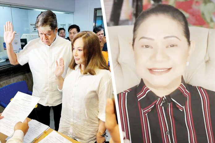 Kiko Pangilinan and Sharon Cuneta (left photo) file a cyber libel complaint against Cristy Fermin (right photo) on May 10. NELSON CANLAS PHOTO, SCREENGRAB/YOUTUBE/SHOWBIZ NOW NA