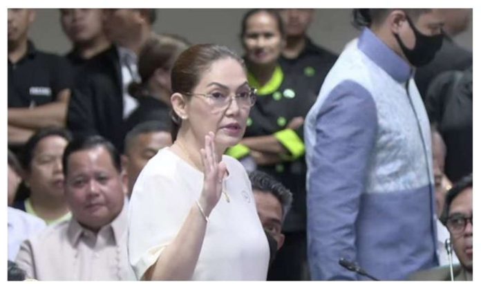 Actress Maricel Soriano attends and takes oath before the Senate committee on public order and dangerous drugs hearing on the alleged leak of Philippine Drug Enforcement Agency documents related to her and President Ferdinand Marcos Jr.’s purported involvement in illegal drugs on Tuesday, May 7 2024. SCREENGRAB FROM SENATE OF THE PHILIPPINES OFFICIAL YOUTUBE PAGE