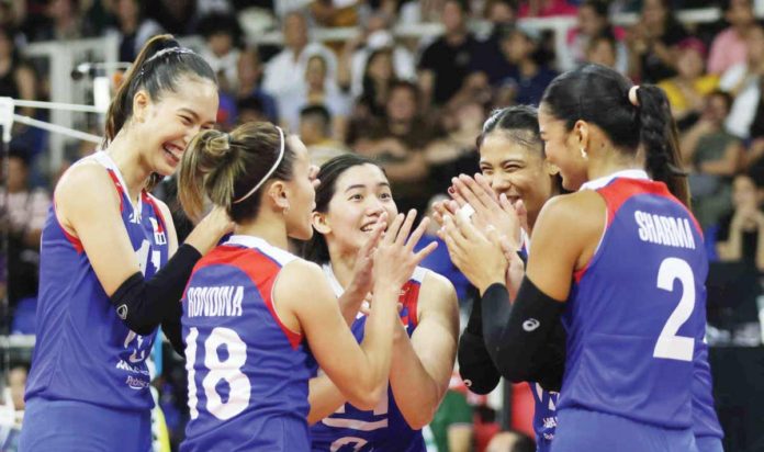 Members of Alas Pilipinas rejoices after their upset win over Australia. PHOTO COURTESY OF PNVF
