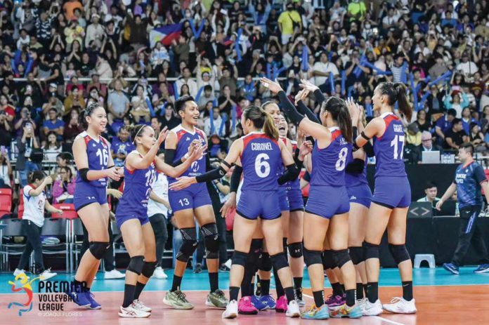 Members of Alas Pilipinas national women’s volleyball team rejoices after clinching the bronze medal in the AVC Challenge Cup for Women. PVL PHOTO