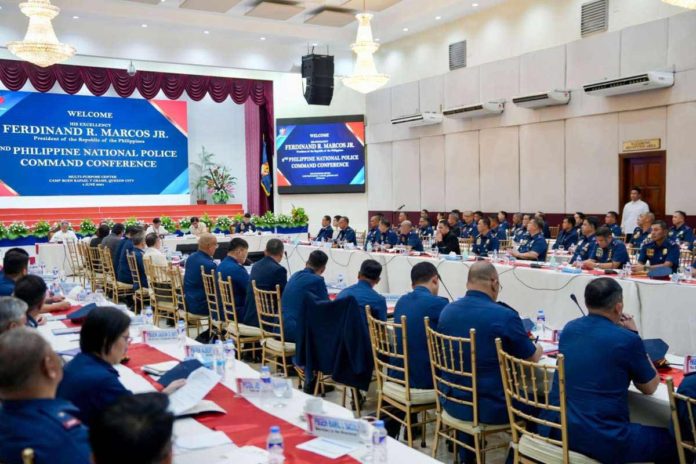 President Ferdinand Marcos Jr. presides over a command conference of the Philippine National Police at Camp Crame on June 5, 2024. PCO