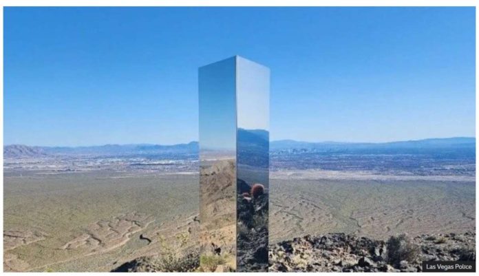 A reflective monolith appears in the Nevada Desert. LAS VEGAS POLICE