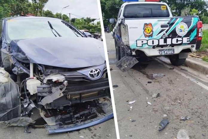 One person was injured after a Toyota Vios crashed into a parked police car in Barangay Granada, Bacolod City on Sunday, June 16. K5 NEWS FM NEGROS OCCIDENTAL PHOTOS