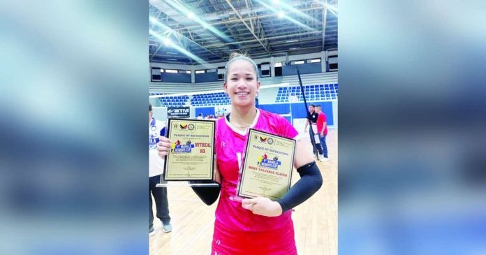 Negrense Sophie Cagalawan of San Beda University Lady Red Spikers carry her two awards. CONTRIBUTED PHOTO
