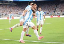 Lautaro Martinez (No. 22) and teammates celebrate after he fired a late goal to give Argentina all three points and book their spot in the next round of Copa America. DAILYMAIL PHOTO