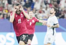 Georgia’s Khvicha Kvaratskhelia celebrates after scoring a goal against Portugal.