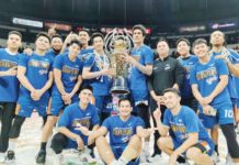 Meralco Bolts with their championship trophy after winning the 2024 PBA Philippine Cup. KENNEDY CAACBAY/ABS-CBN NEWS PHOTO