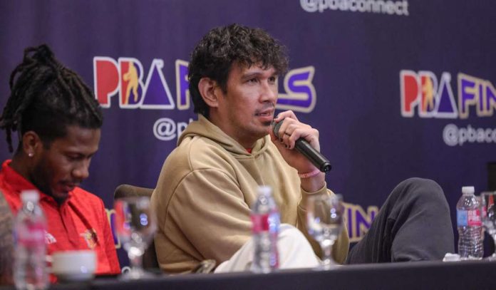 San Miguel Beermen’s June Mar Fajardo speaks during the PBA Philippine Cup finals press conference. PBA PHOTO