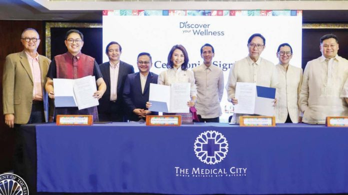 The Medical City (TMC) and the Department of Tourism (DOT) have officially entered into a historic partnership aimed at positioning the Philippines as a top destination for health and wellness. Photo shows (from left) Dr. Cesar Espiritu, TMC South Luzon CEO; Dr. Paulo Tugbang director for health and wellness tourism program of DOT; Dr. Ruben Kasala, TMC Ortigas CEO; Dr. Felix Ray Villa, TMC Iloilo CEO; DOT Secretary Christina Garcia Frasco; Mr. Jose Xavier “Eckie” Gonzales, Chairman of the Board, TMC; Dr. Eugenio Jose Ramos, Group CEO, TMC; Dr. Christian Napoleon Delos Reyes, Chief Commercial Officer; and Dr. Noel Lacsamana, TMC Clark CEO.